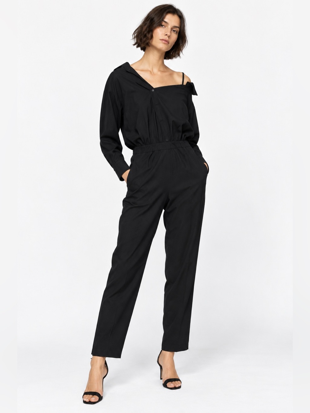 Maje Presto Black Wool Blend Off Shoulder Jumpsuit Size 36 Made in Romania